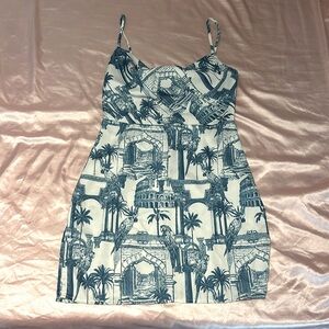 blue and white roman city print cowl neck mini dress, forever 21, size small